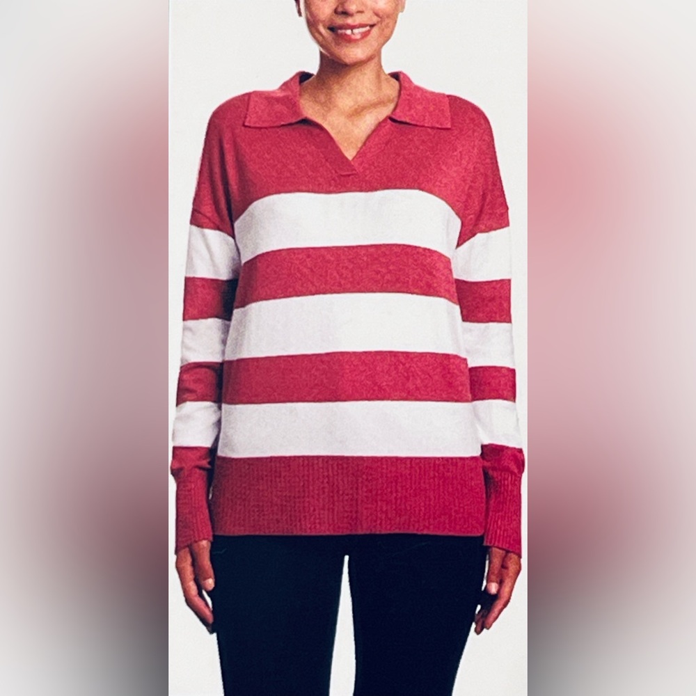 NWT Joseph A Women’s Striped V-Neck Polo Sweater